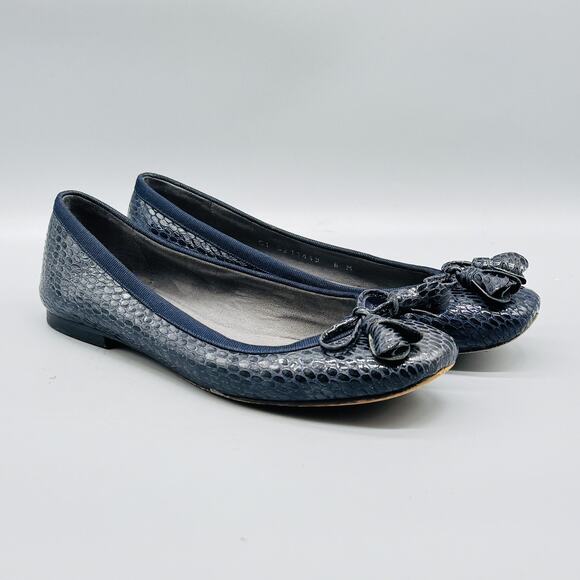 Stuart Weitzman Shoes Womens 6 Blue Ballet Flats Tulip Bow Tassel Snake Embossed - Picture 2 of 13